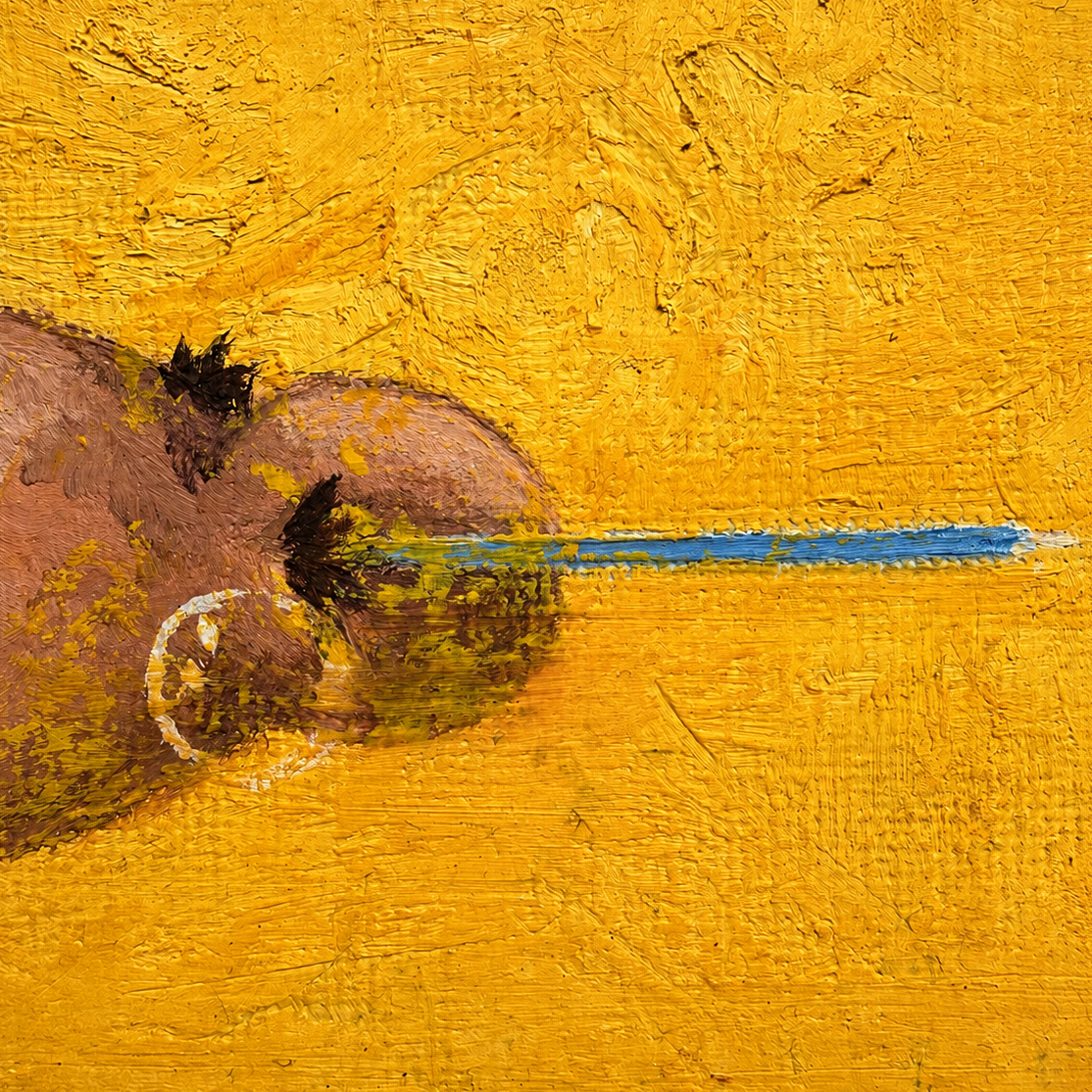 Angled view of El Believe Se Le Sale Por Las Orejas, showing the oil-paint texture and canvas depth.