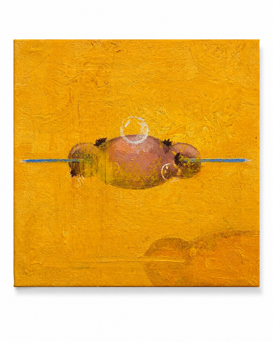 Front view of El Believe Se Le Sale Por Las Orejas, a 15 × 15 cm oil painting of an expressive face with exaggerated ears.