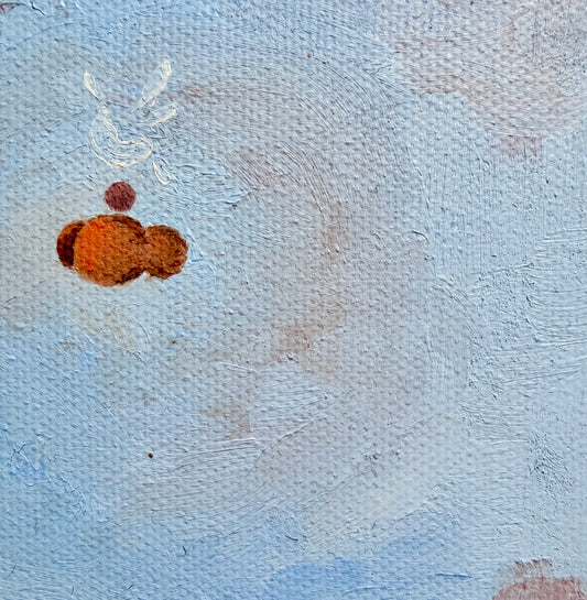 Close-up of the face and broken outline in Pensamiento Cazado, showing layered oil paint and brush texture.