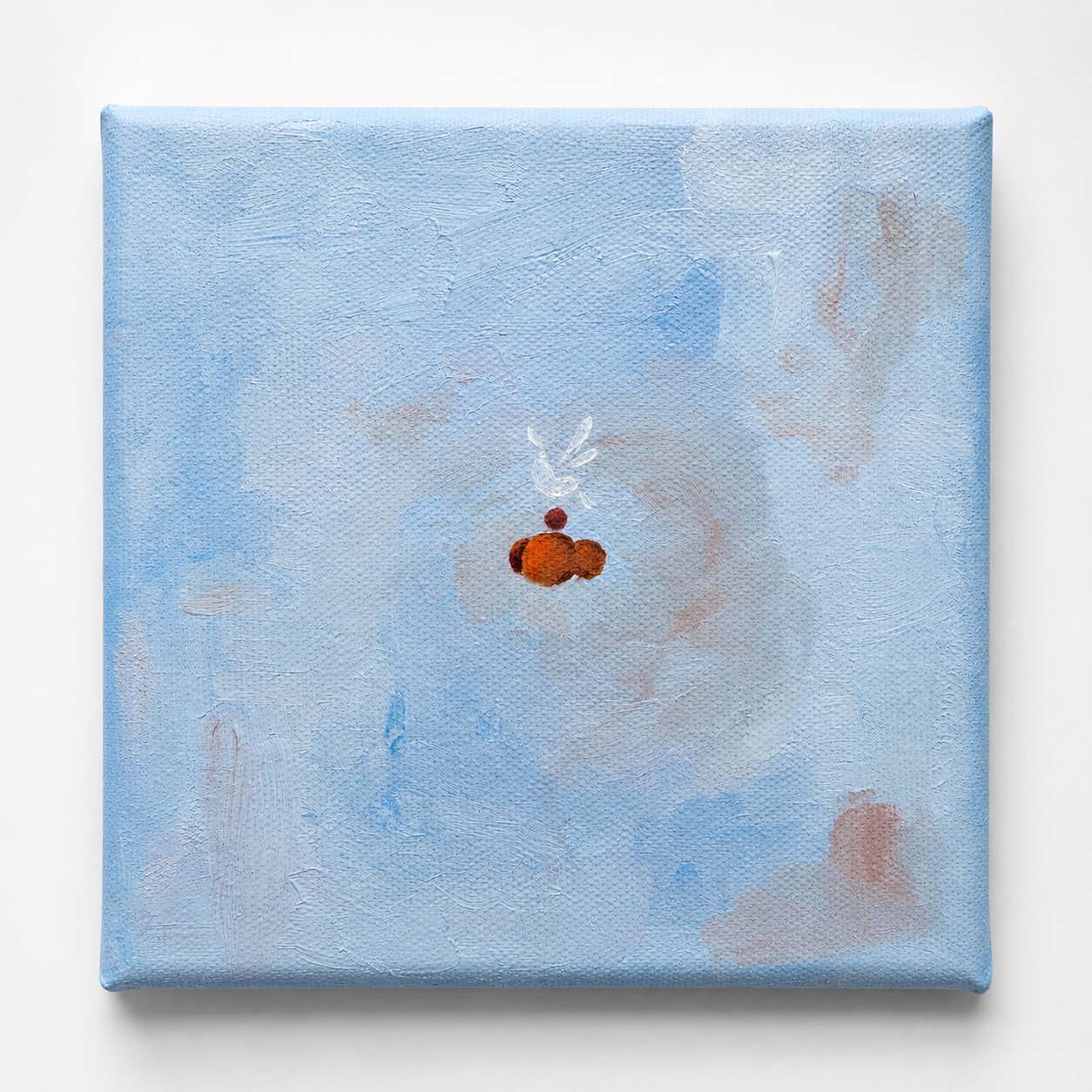 Front view of Pensamiento Cazado, a 15 × 15 cm oil painting showing a small expressive face within a broken thought-like outline.