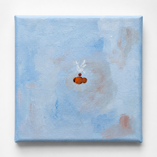 Front view of Pensamiento Cazado, a 15 × 15 cm oil painting showing a small expressive face within a broken thought-like outline.