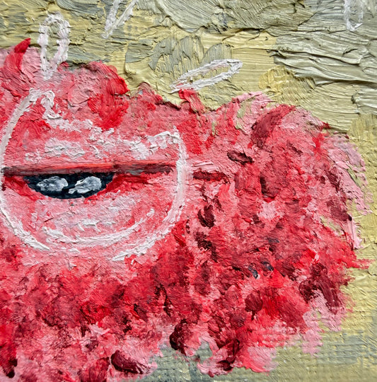 Close-up of the contrasting facial features and layered paint texture in "The Comfort Of Fear".