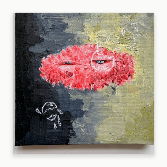 Front view of "The Comfort Of Fear", a 15 × 15 cm oil painting of an expressive face shaped by contrasting visual elements.