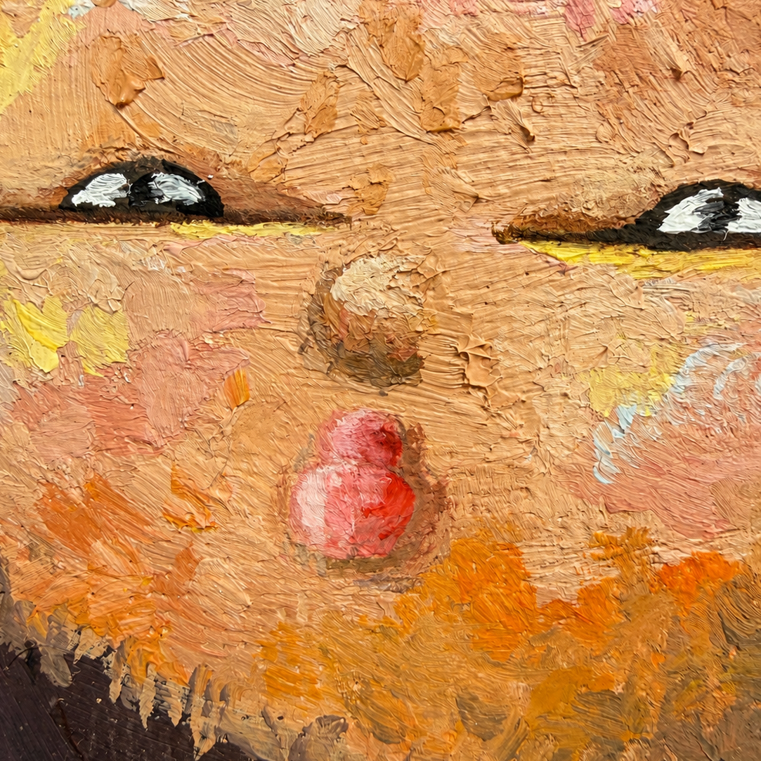 Angled view of The Hard Worker, highlighting the raised oil-paint texture and canvas edges.