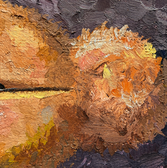 Close-up of the face and untamed painted hair in The Hard Workerf, showing thick, layered brushwork.