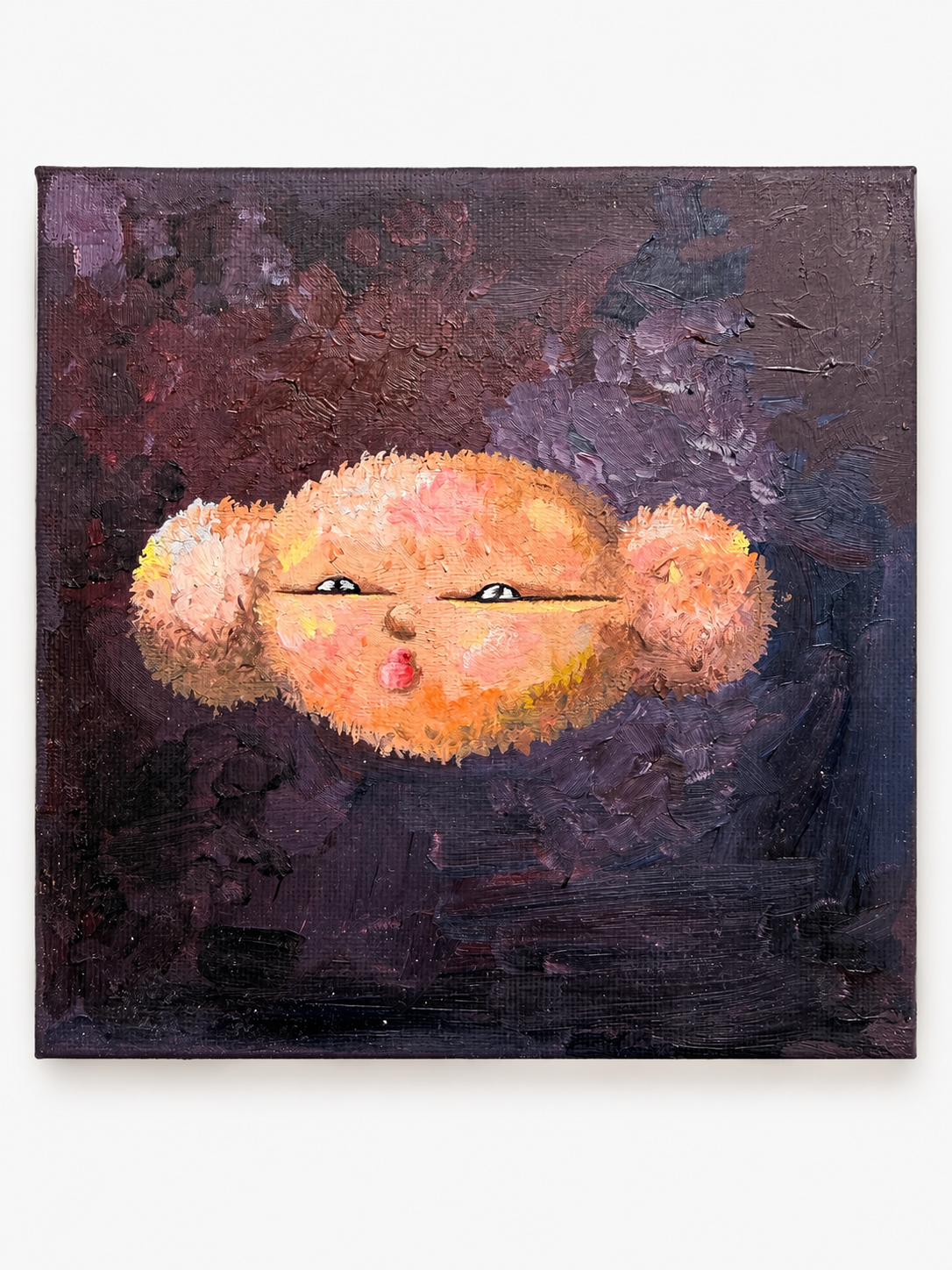 Front view of The Hard Worker, a 15 × 15 cm oil painting of an expressive figure with wild, heavily textured hair.