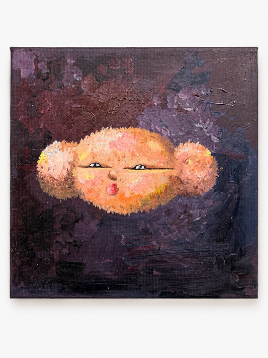 Front view of The Hard Worker, a 15 × 15 cm oil painting of an expressive figure with wild, heavily textured hair.